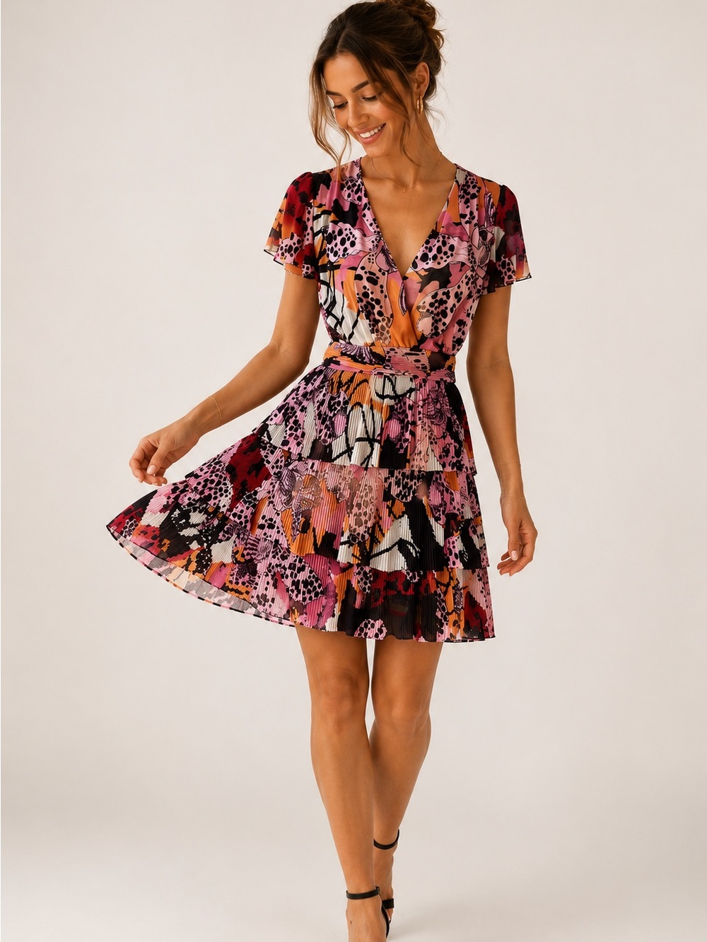 Desigual x M. Christian Lacroix Orchid Print Tiered Mesh Mini Dress XS